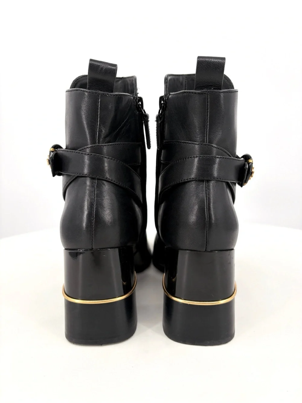TORY BURCH Logo Buckle Square-Toe Ankle Boots in Black Leather 10 - Picture 9 of 14